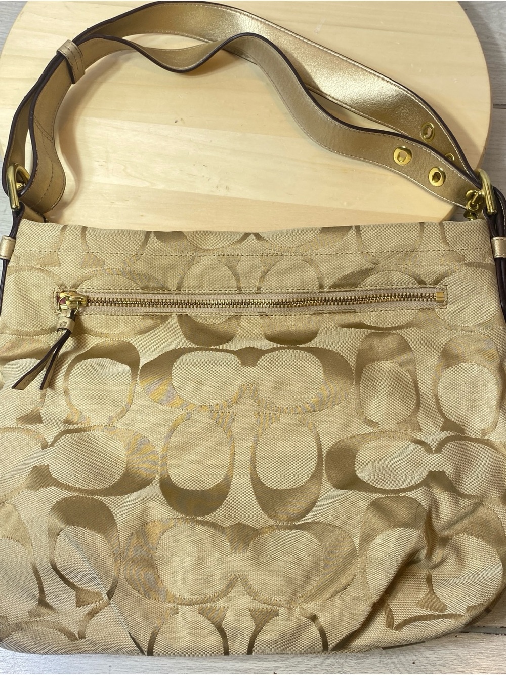 Coach Signature Jacquard Hobo Duffle Bag Khaki/Gold F16067 vtg